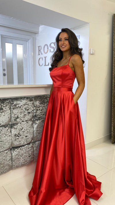 Red Satin Straight Neck Corset Ball Gown