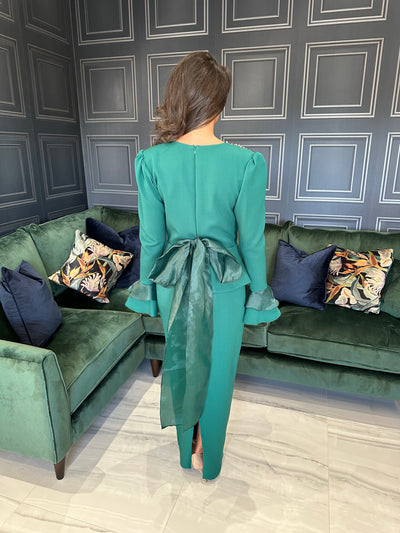 Emerald Green Long Sleeve Silver Jeweled Wedding Guest Dress