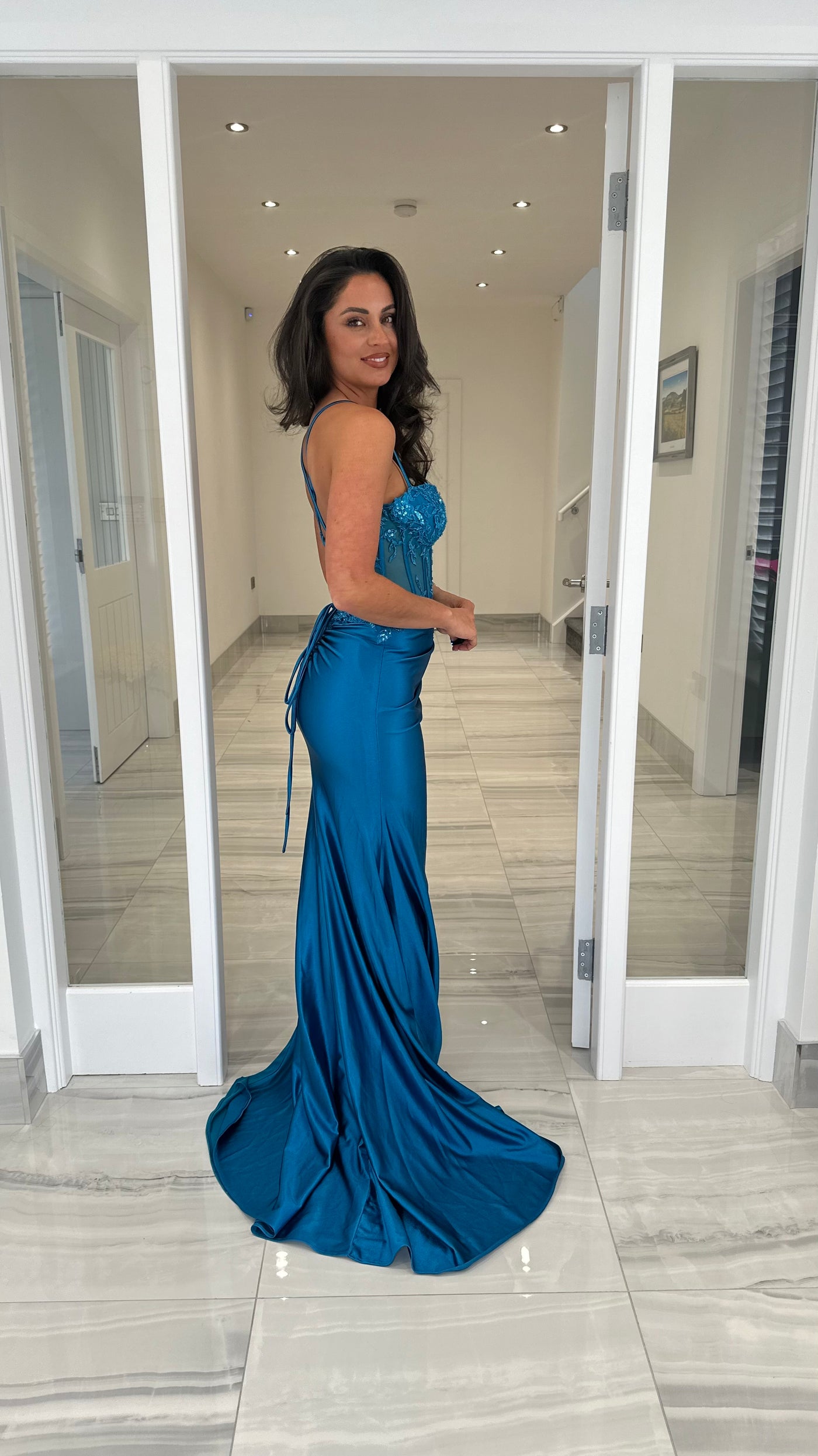 Teal Satin Corset Style Lace Split