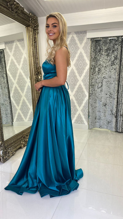 Teal Satin Straight Neck Corset Ball Gown