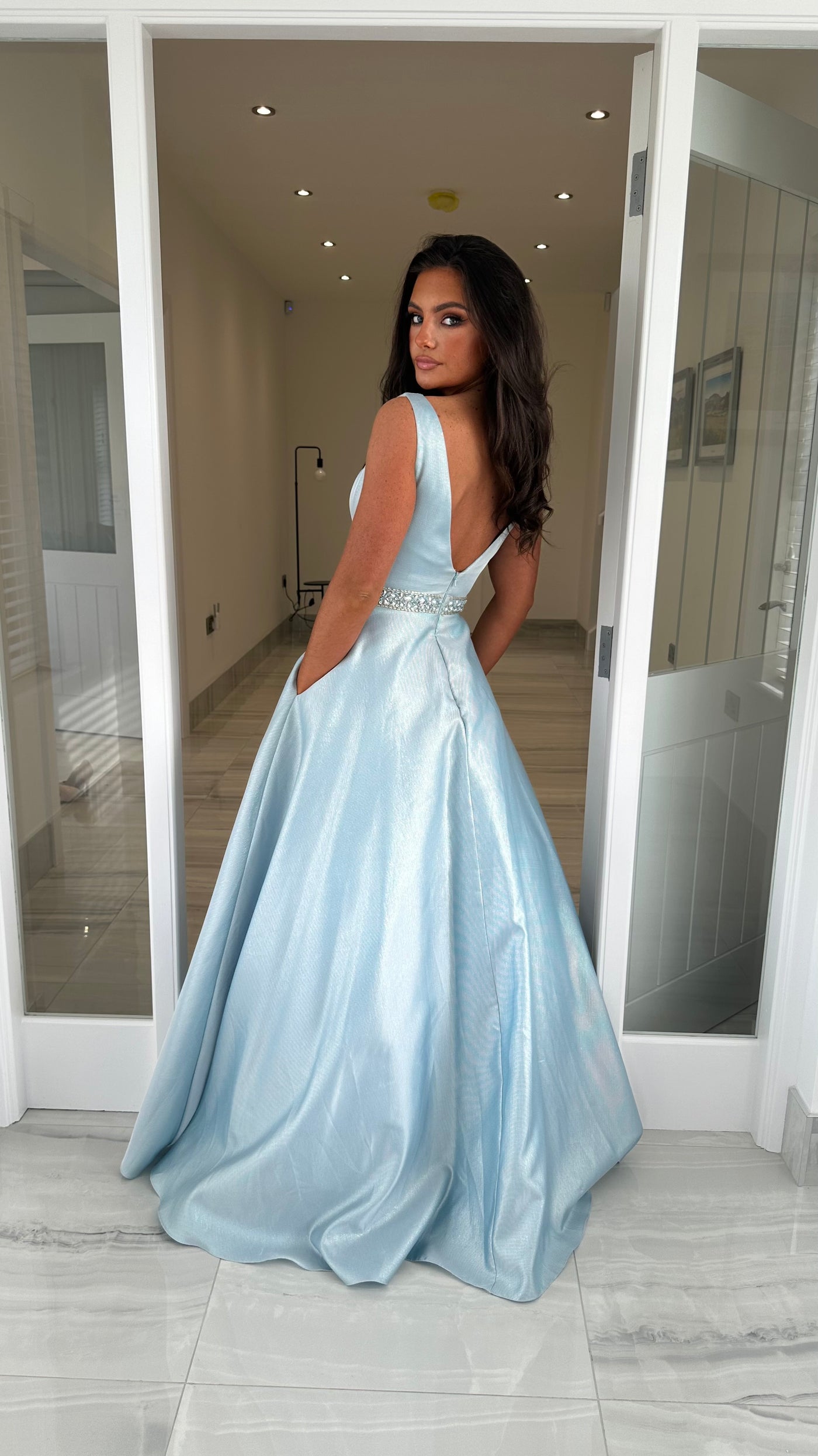 Pale Blue V-Neck Ball Gown