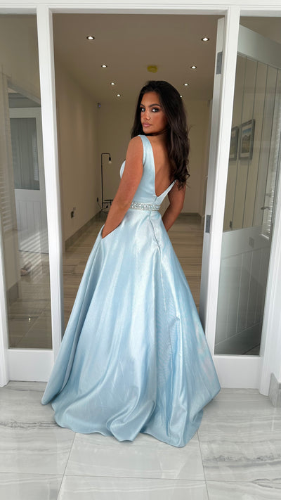 Pale Blue V-Neck Ball Gown