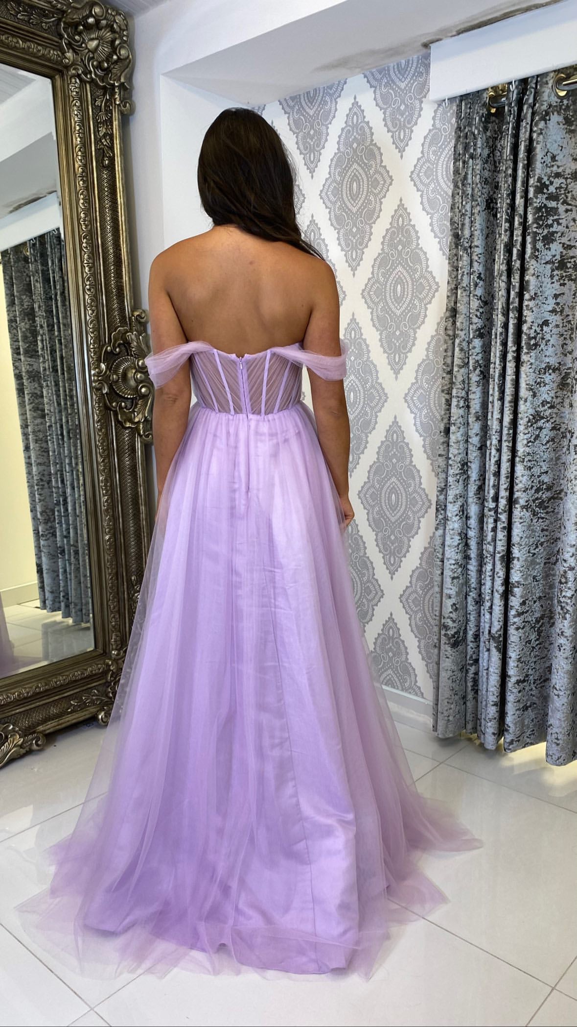 Lilac Bardot Mesh Corset Ball Gown