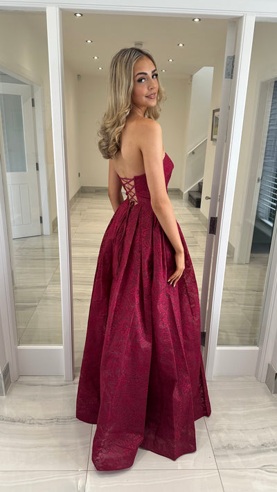 Burgundy Lace Strapless Ball Gown