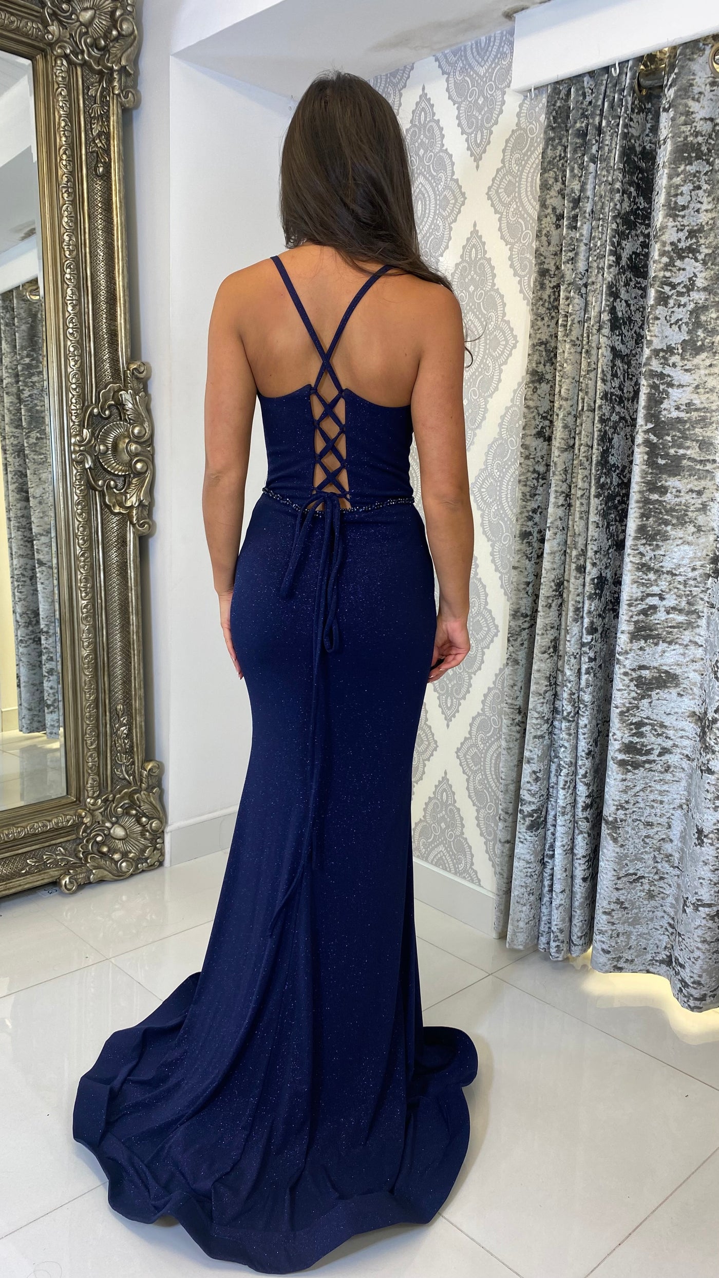 Navy Glitter Fabric Full Length Gown