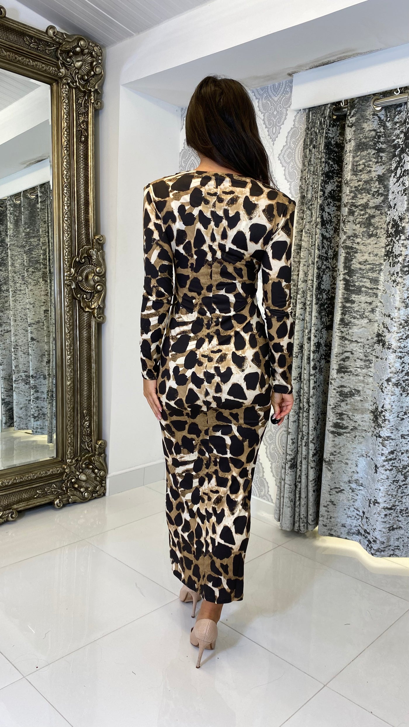 Animal Print Ruched Front Midi Dress