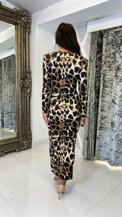 Animal Print Ruched Front Midi Dress