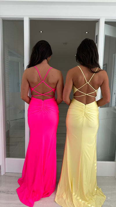 Lemon Ruched Strappy Open Back Evening Gown