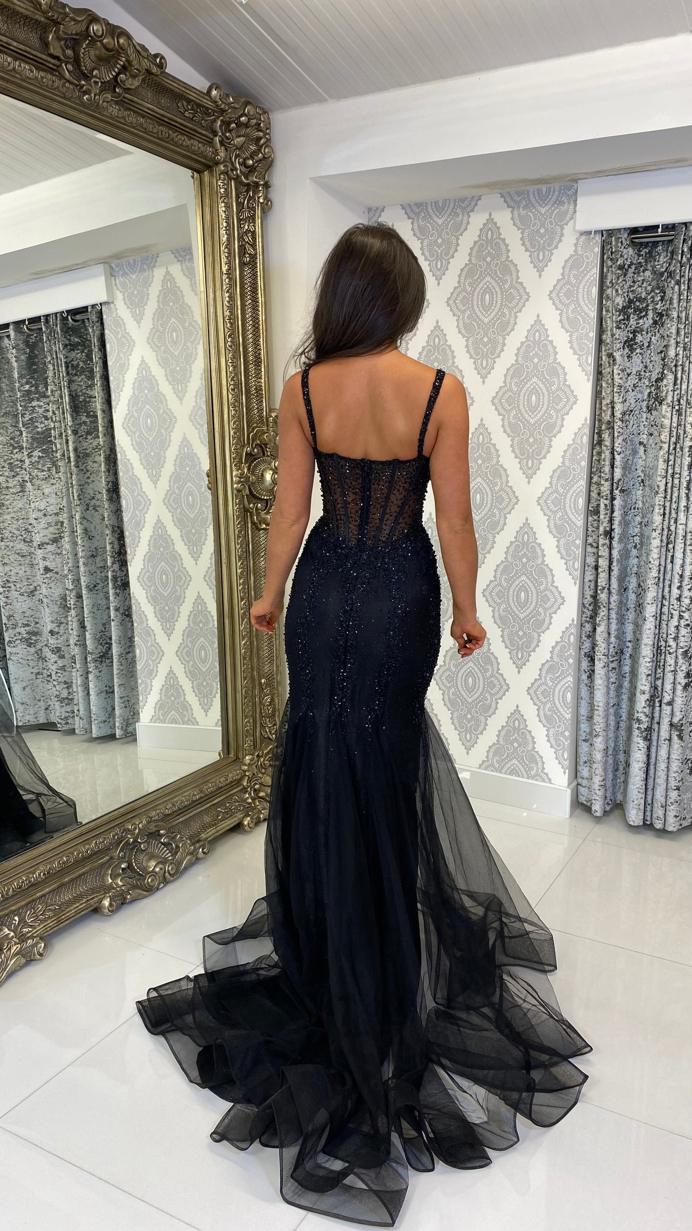 Corset Black Lace Fishtail Maxi Dress Black Sequin Corset Style