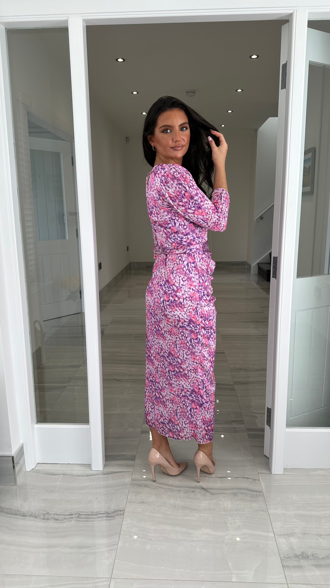 Purple Floral Print 3/4 Sleeve Belted Dress