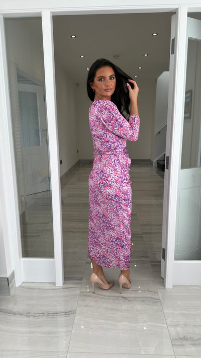Purple Floral Print 3/4 Sleeve Belted Dress