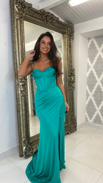 Bright Green Jewel Cup Corset Full Length Gown