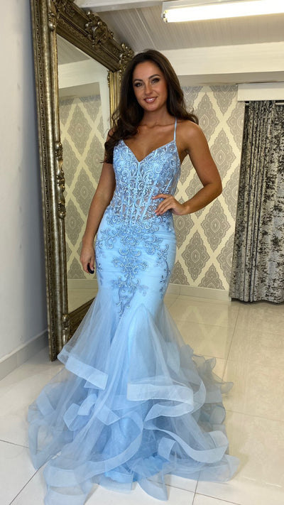 Baby Blue Corset Fishtail Full Length Gown