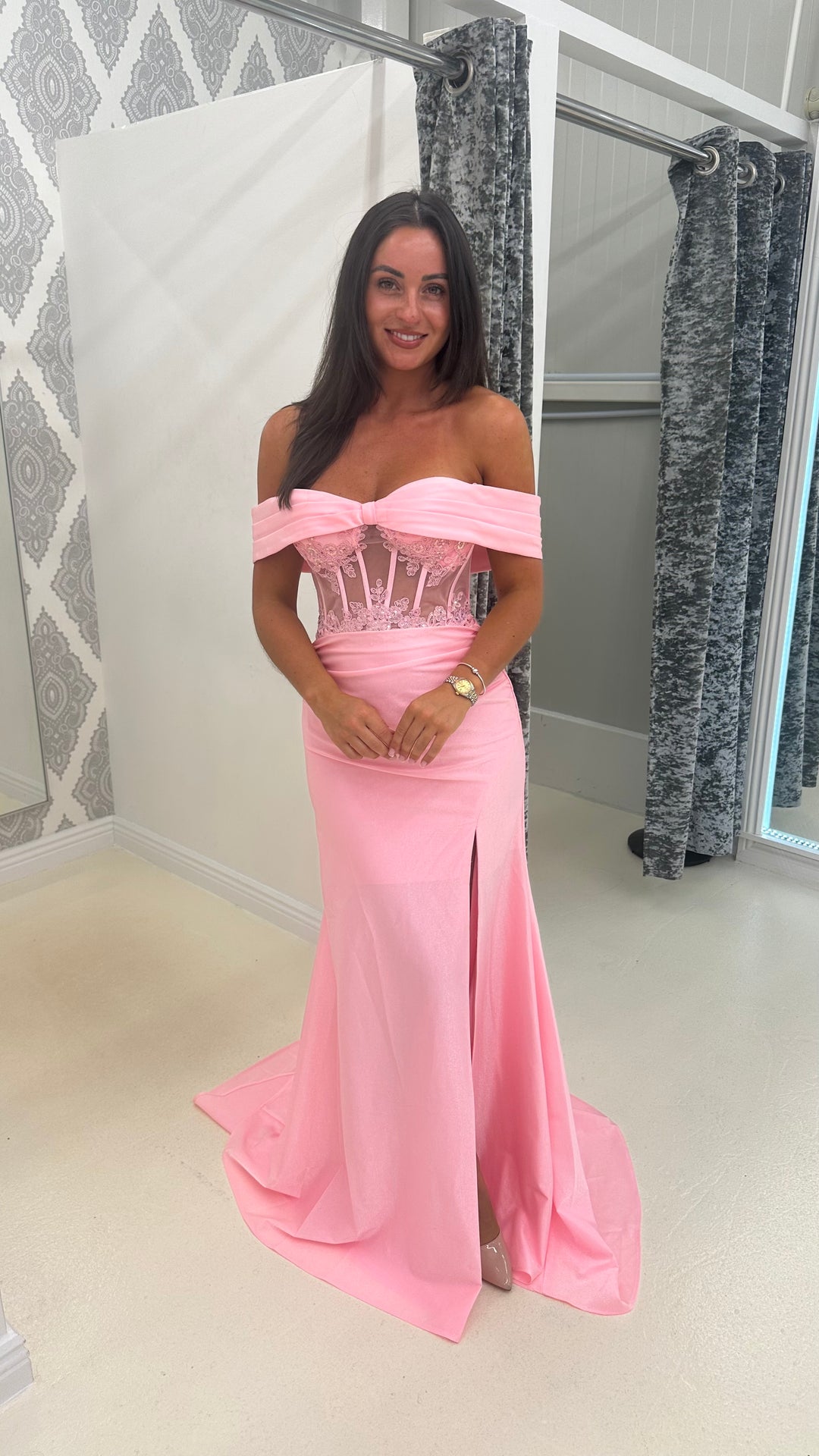 Pink Bardot Mesh Lace Corset Prom Dress – Rosies Closet