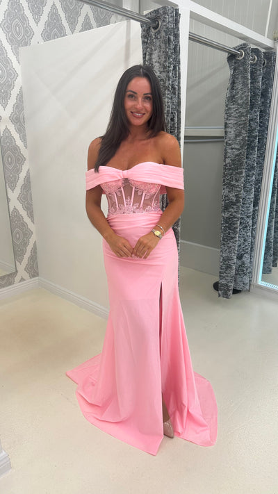 Pink Bardot Mesh Lace Corset Prom Dress