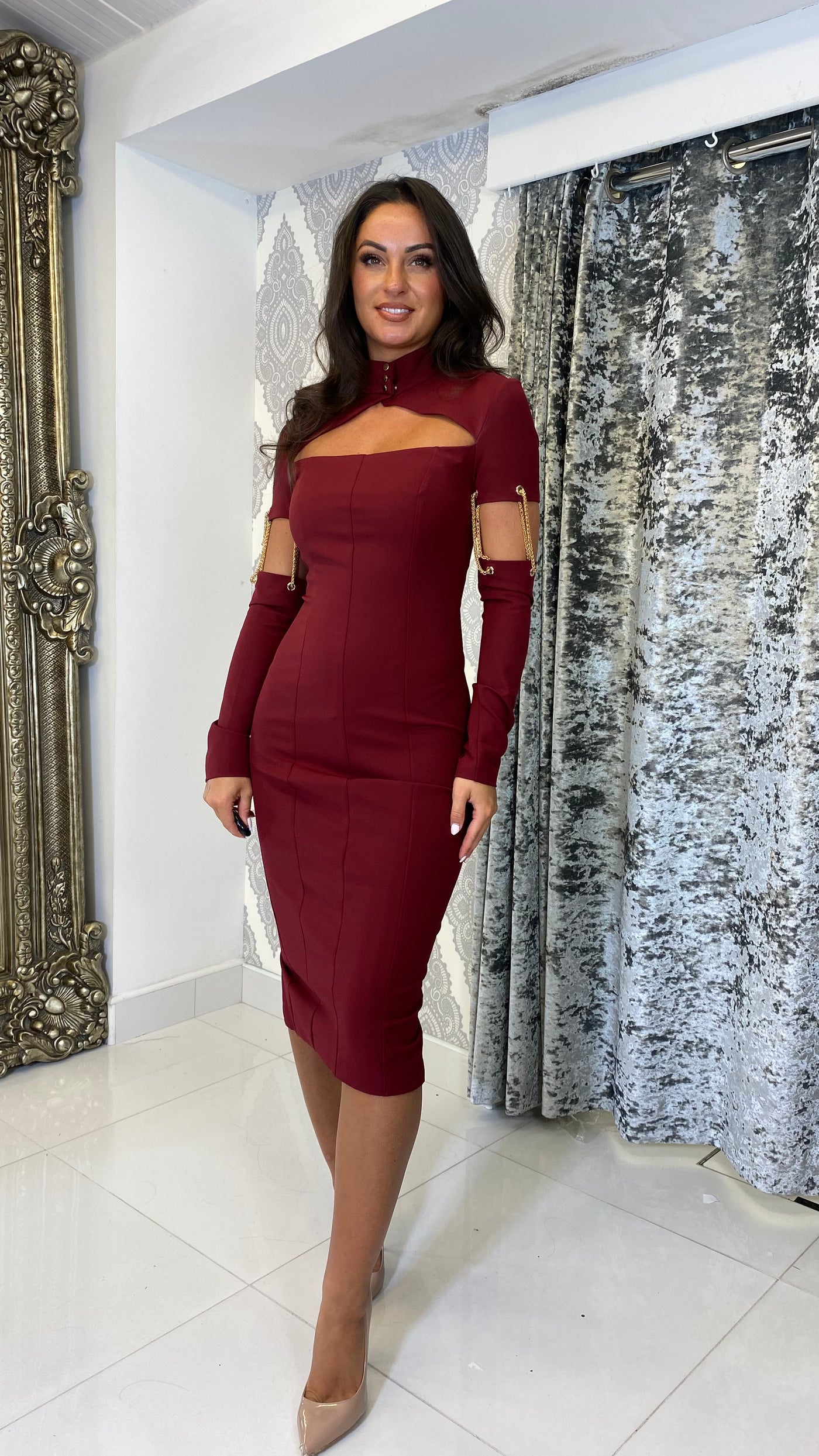 Burgundy Gold Chain Sleeves Detail Midi Dress