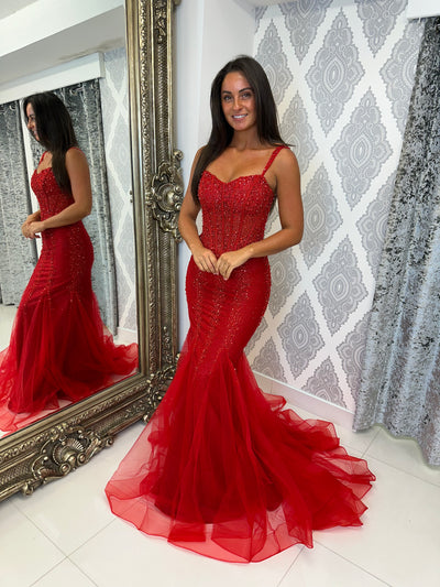 Red Sequin Corset Style Fishtail Full Length Gown