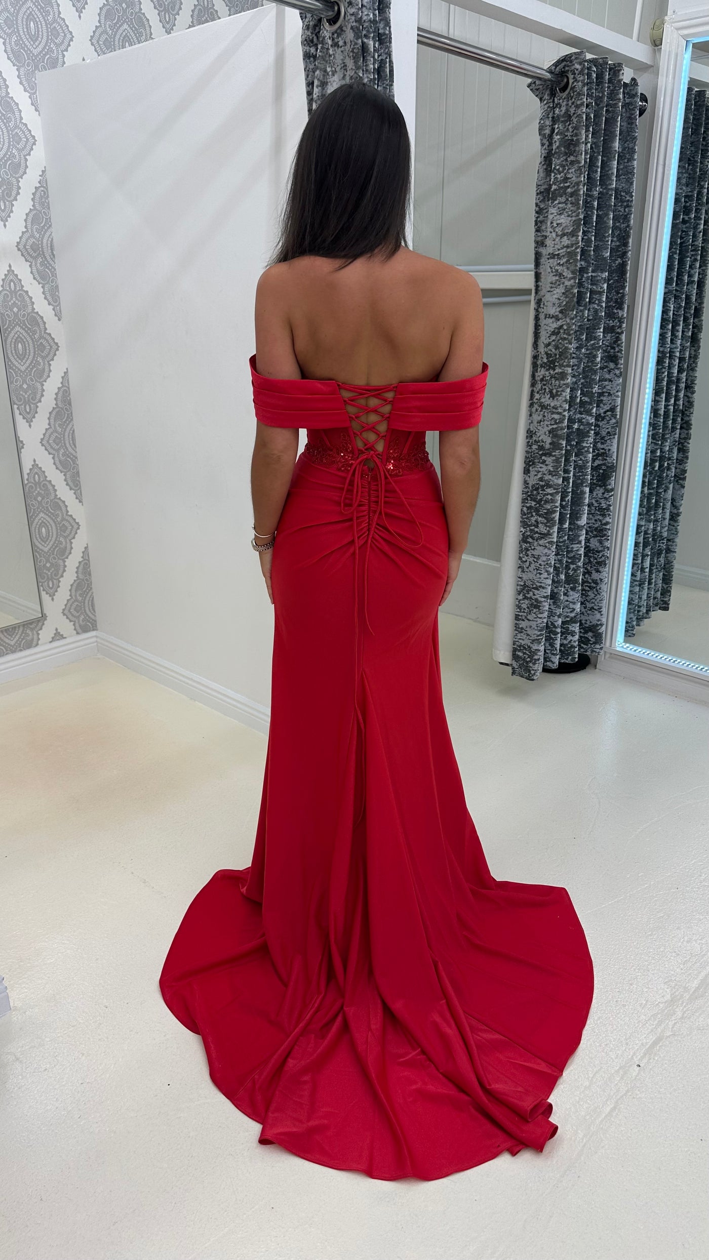 Red Bardot Mesh Lace Corset Prom Dress