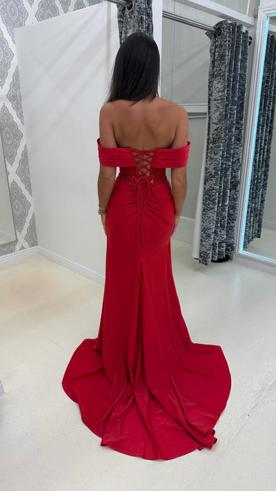 Red Bardot Mesh Lace Corset Prom Dress