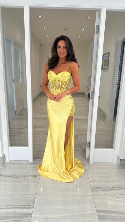 Yellow/Lemon Satin Corset Style Lace Split