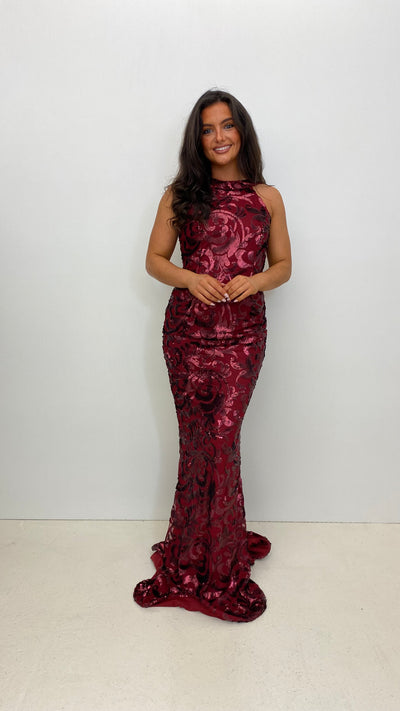 Wine Sequin High Neck Mermaid Style Gown