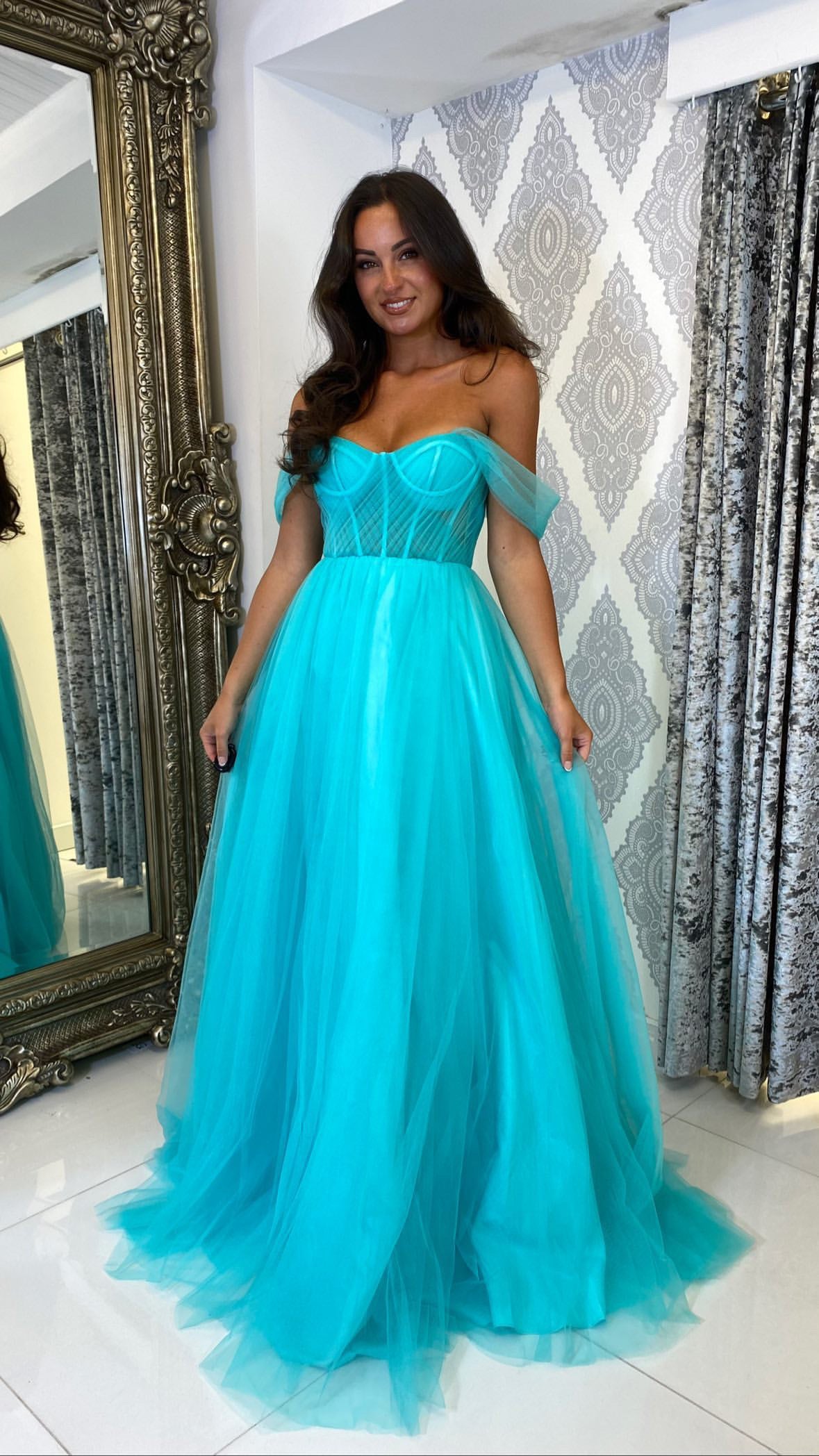 Mint Bardot Mesh Corset Ball Gown