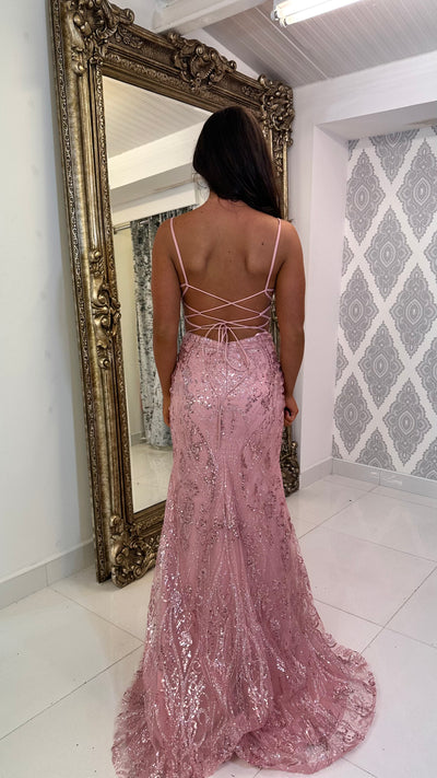 Pink Glitter Backless Corset Full Length Gown