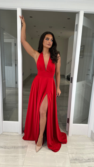Red Halterneck Full Length Gown