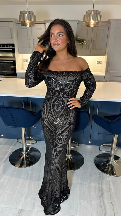 Black Bardot Full Sequin Detailed Maxi Evening Dress