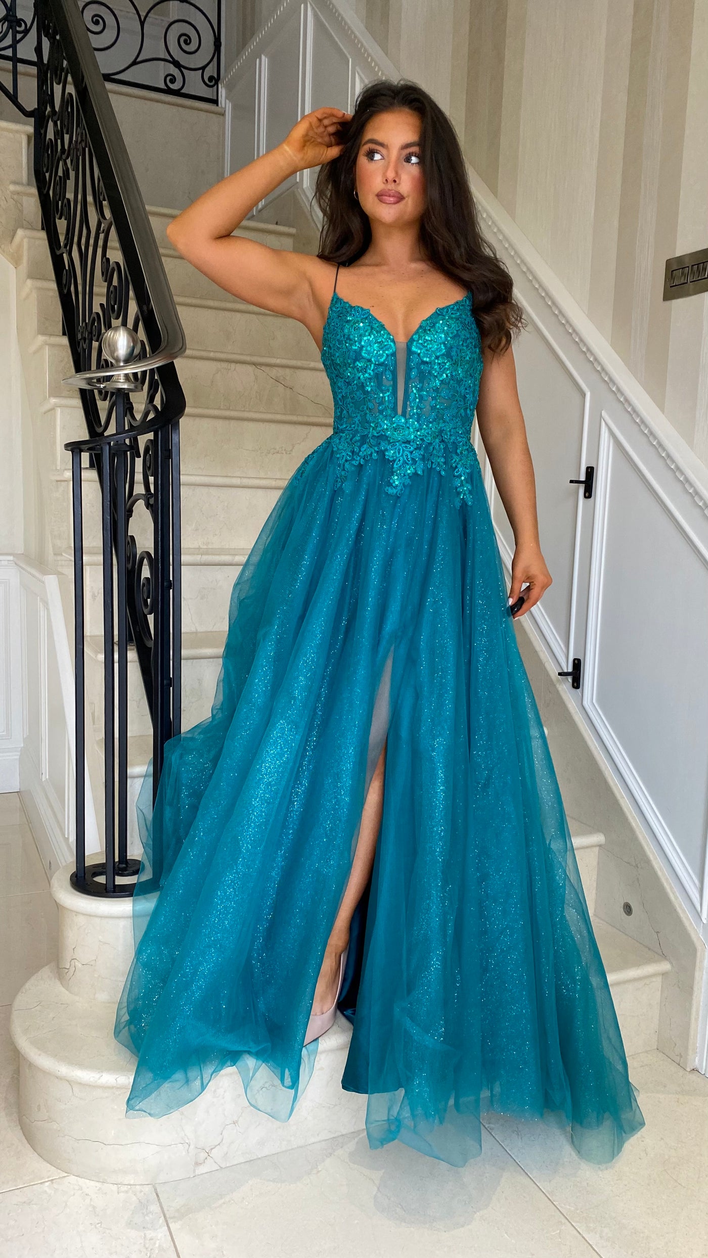 Teal Green Glitter Corset Ball Gown