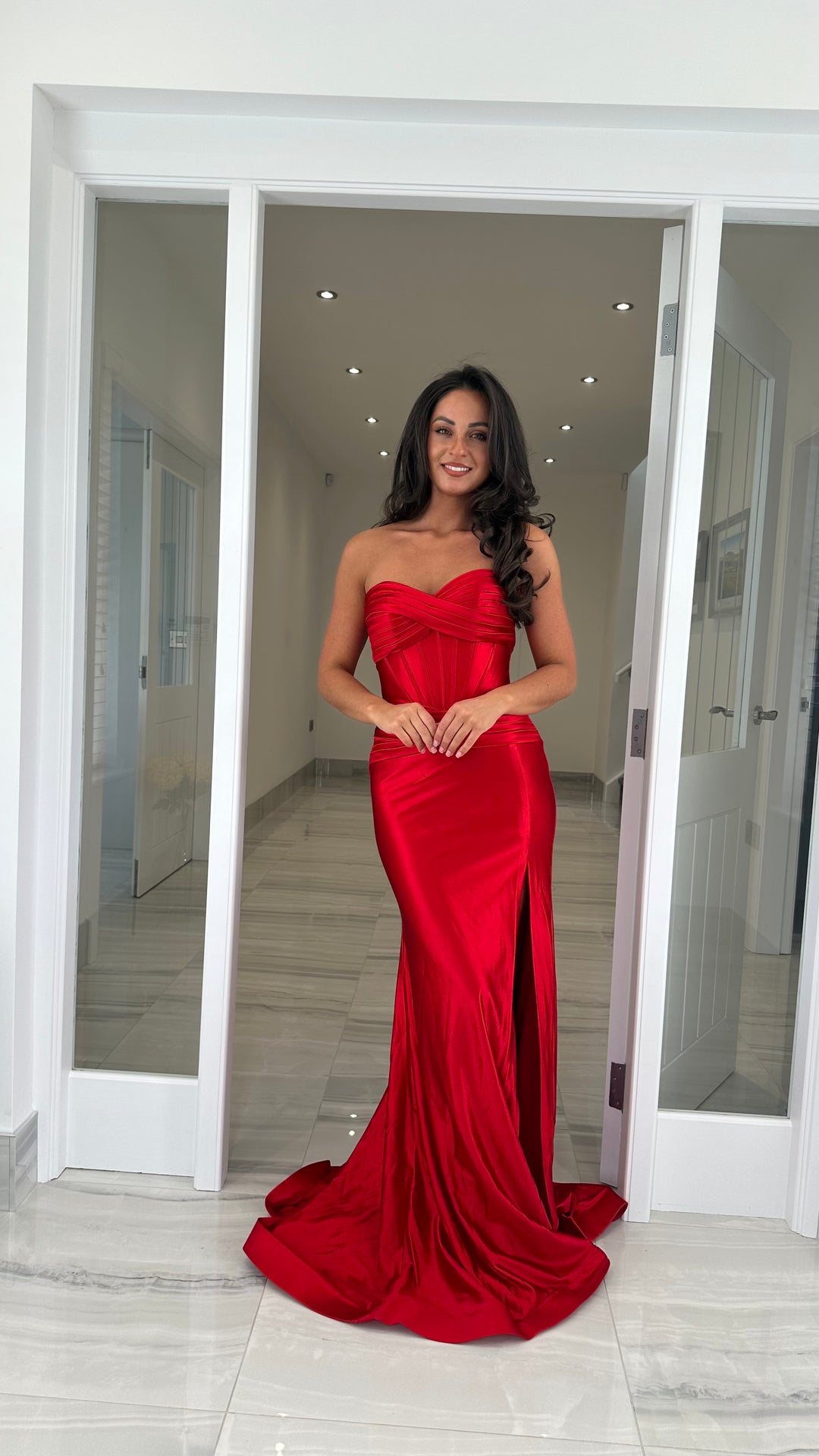 strapless satin red dress STRAPLESS SATIN A-LINE DRESS BY LADIVINE CD378 RED / 6