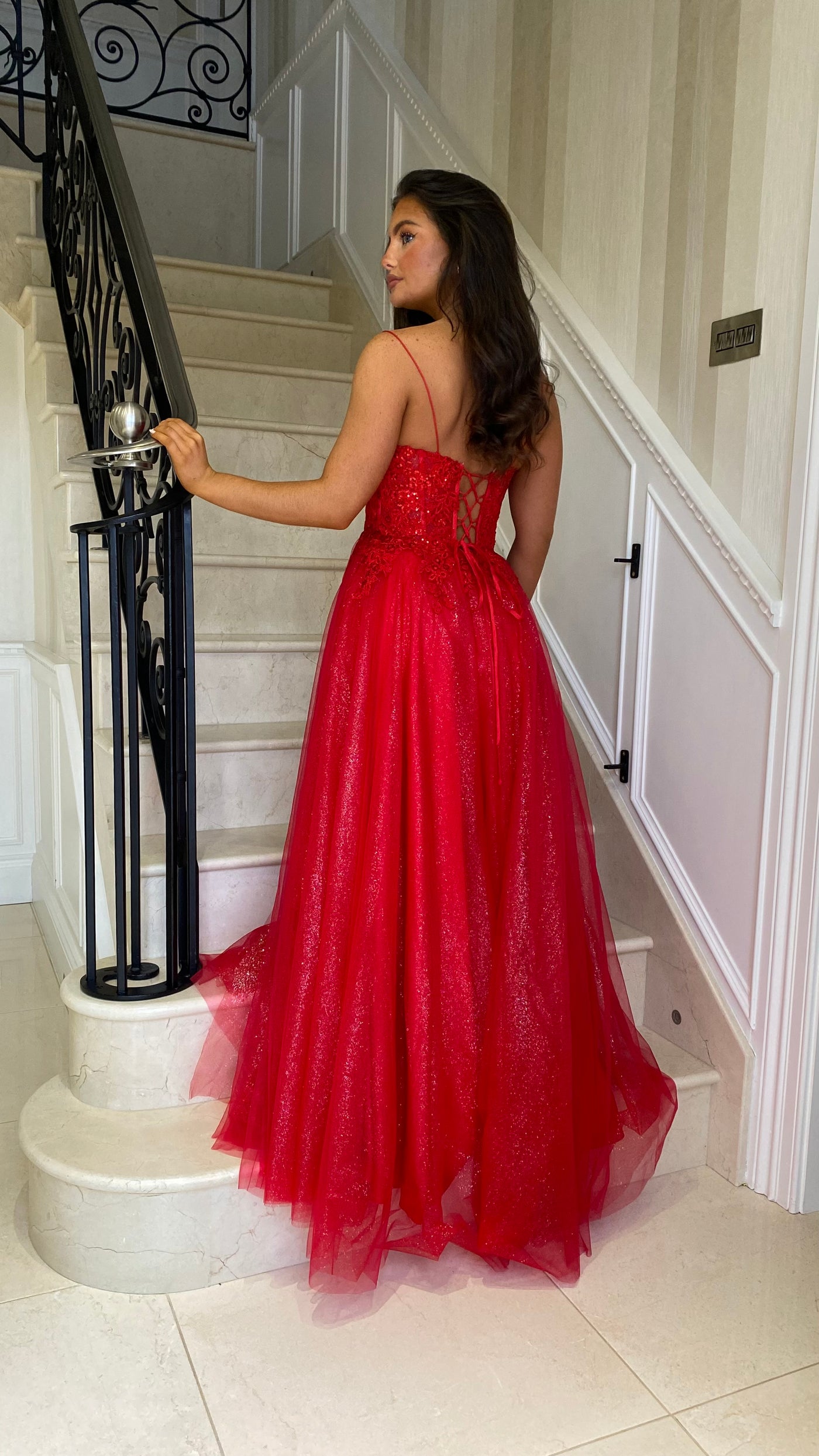 Red glitter ball gown deals