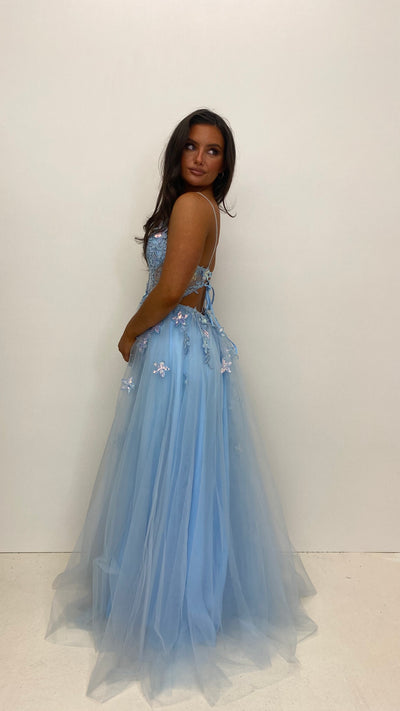 Baby Blue Flower Design Corset Back Ball Gown
