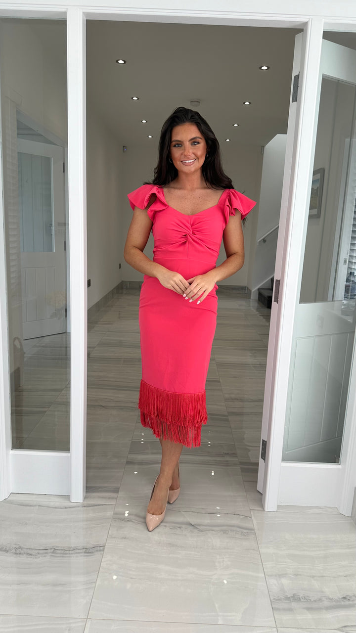 Coral Frill Sleeve Midi Dress Fringe Hem – Rosies Closet