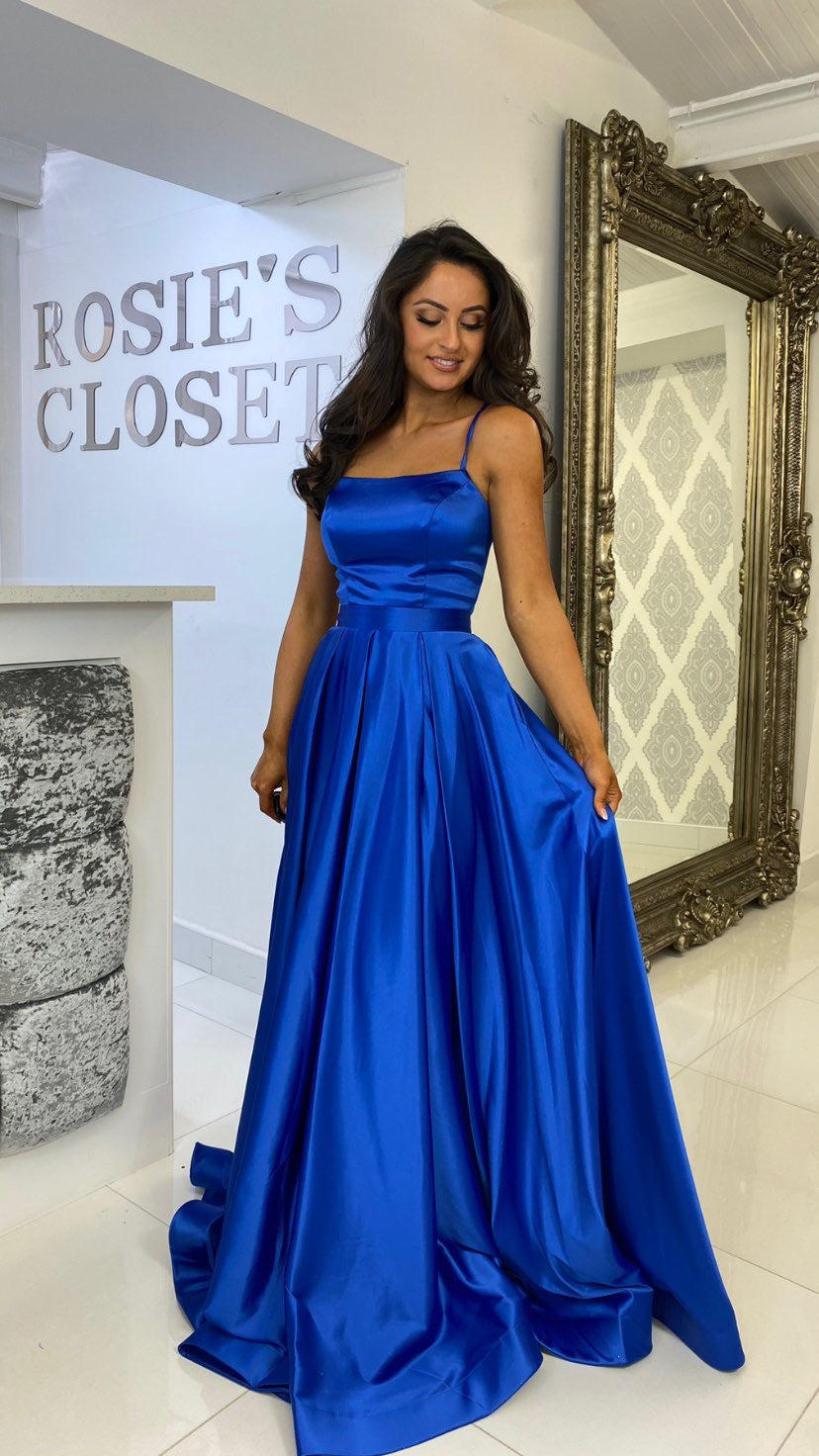 Royal Blue Satin Straight Neck Corset Ball Gown