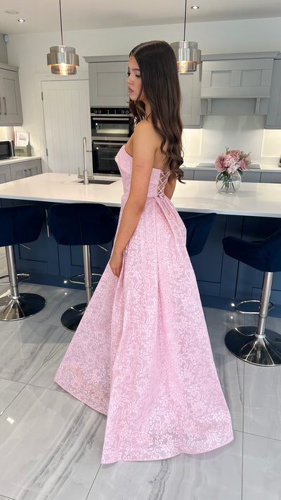 Baby Pink Lace Strapless Ball Gown