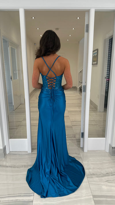 Teal Satin Corset Style Lace Split