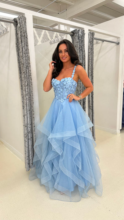 Baby Blue Flower Embroidery Corset Tiered Skirt Ball Gown