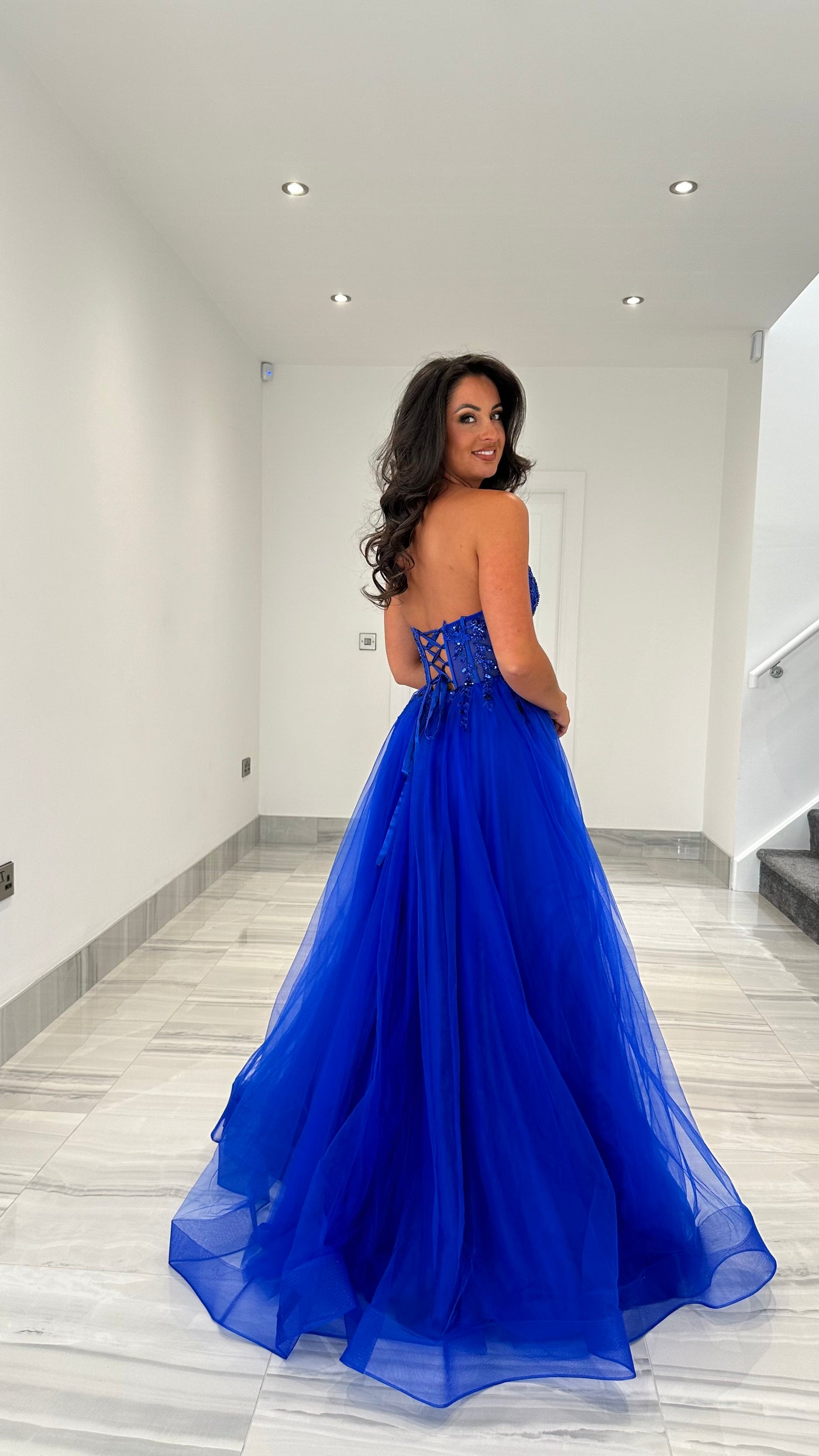 Royal Blue Mesh Corset Strapless Ball Gown