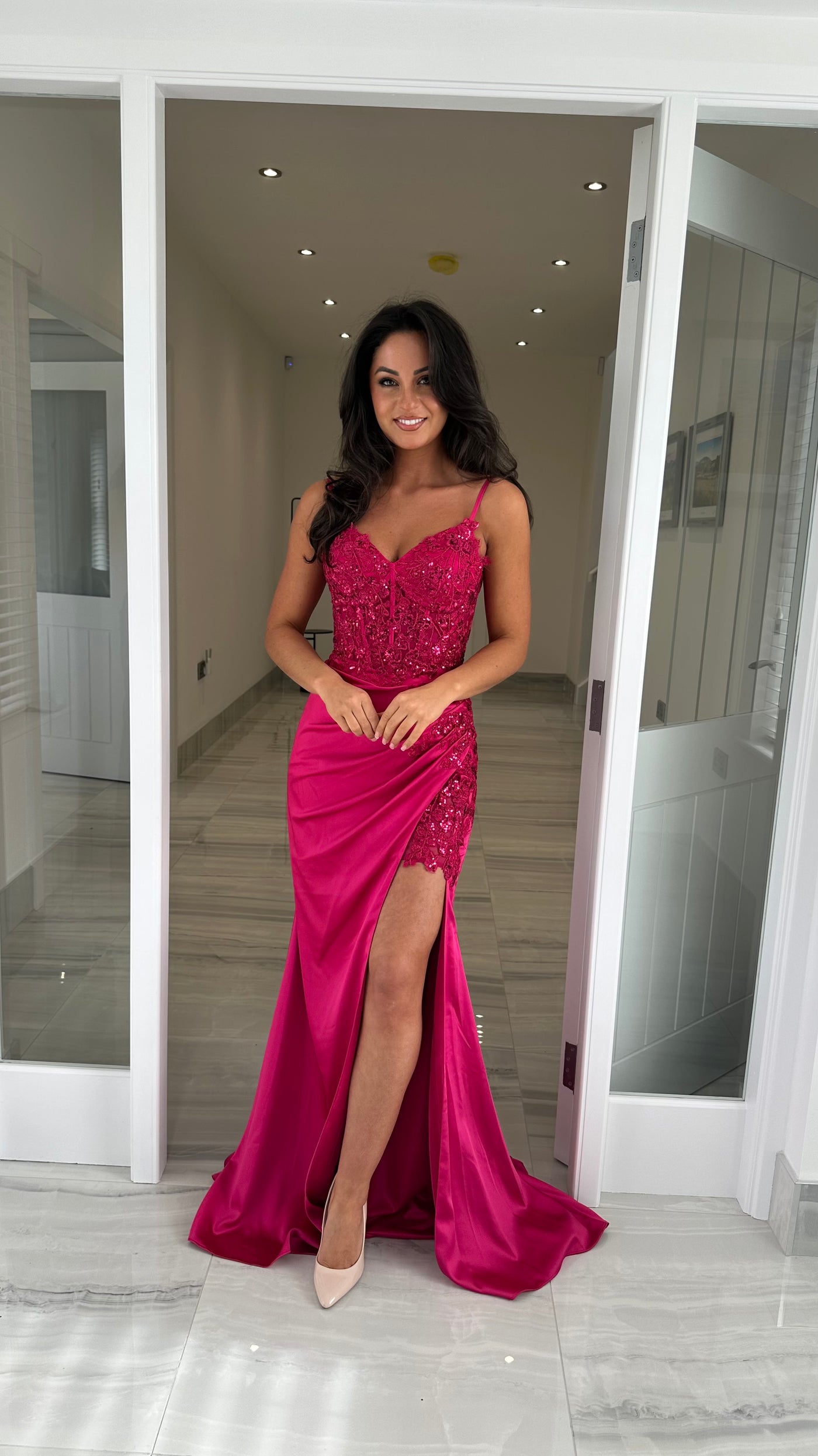 Raspberry Pink Sequin Top & Split Satin Full Length Gown Rosies Closet Raspberry Pink Sequin Top & Split Satin Full Length Gown Rosies Closet