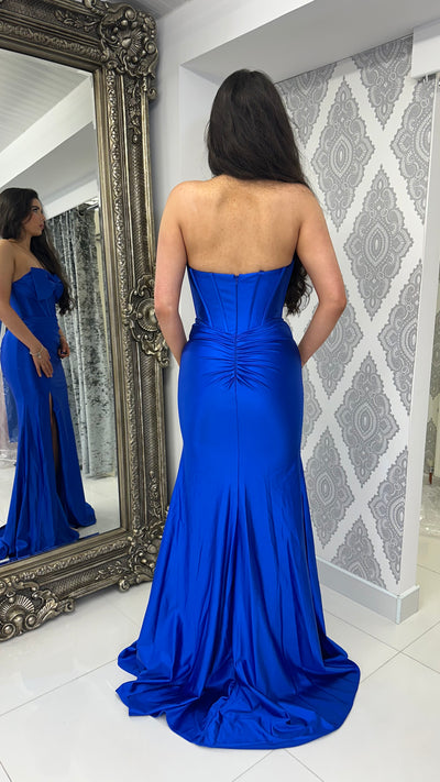 Royal Blue Satin Bow Front Gown