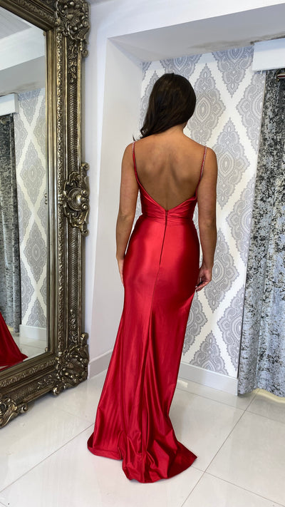 Red Ruched Satin Side Split Full Length Gown