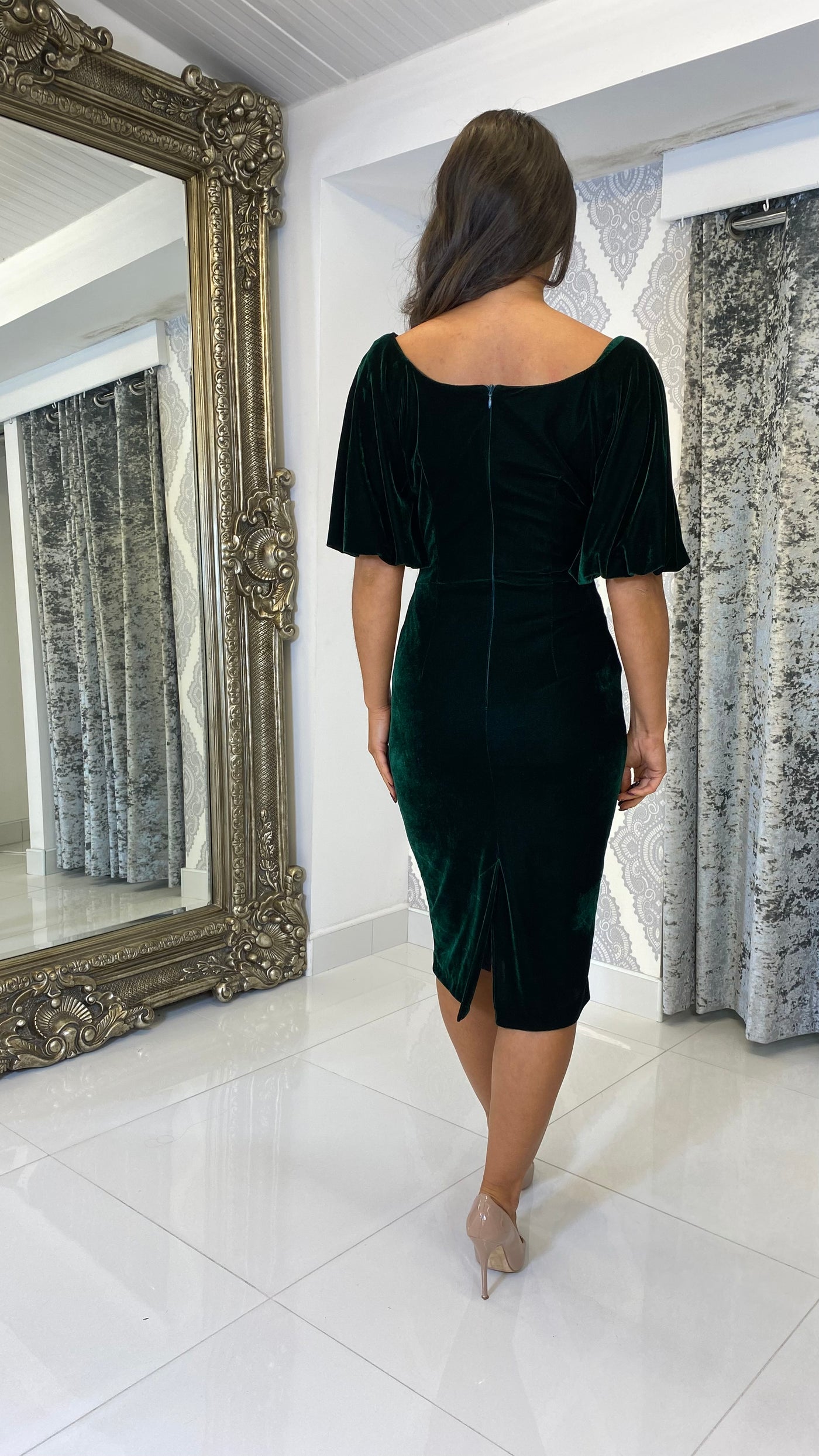 Green Velvet Puff Sleeve Midi Dress