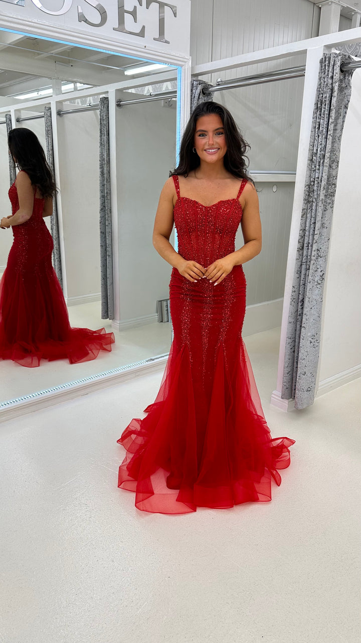 fitted lace wedding dress Red Sequin Corset Style Fishtail Full Length Gown – Rosies Closet