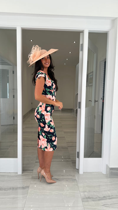 Navy & Peach Floral Square Neck Pencil Dress