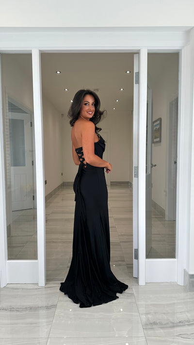 Black Strapless Corset Jewel Split Prom Dress