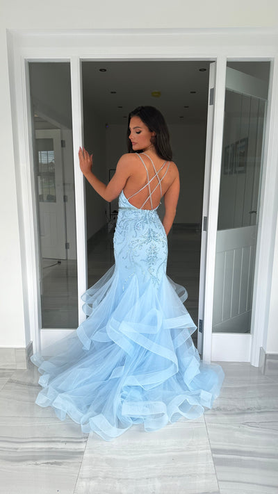 Baby Blue Straight Neck Fishtail Prom Dress