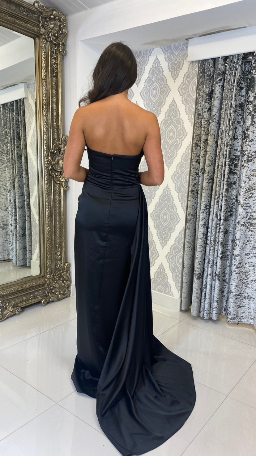 Black Satin Ruched Strapless Full Length Gown