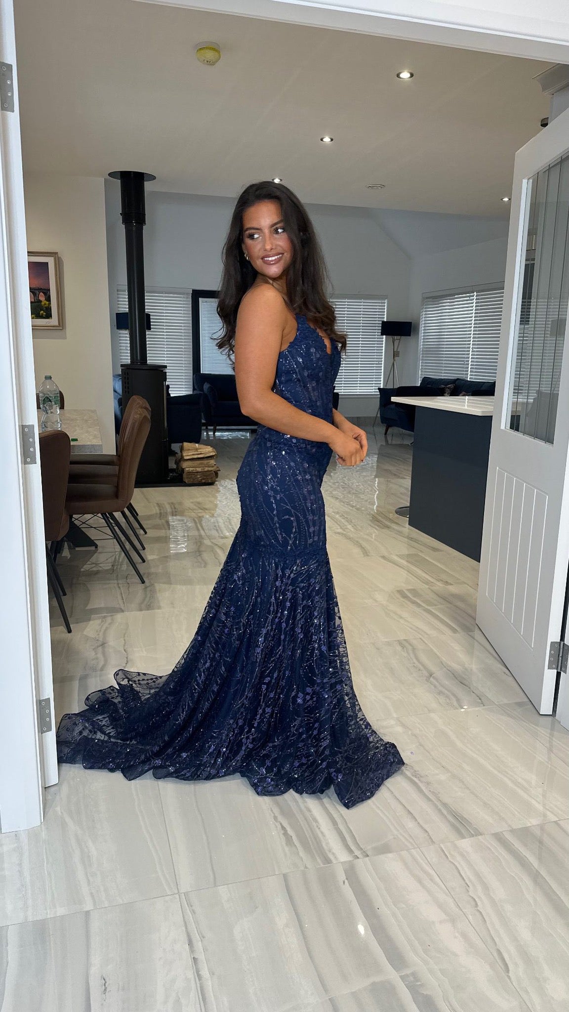 Navy Glitter Corset Full Length Gown