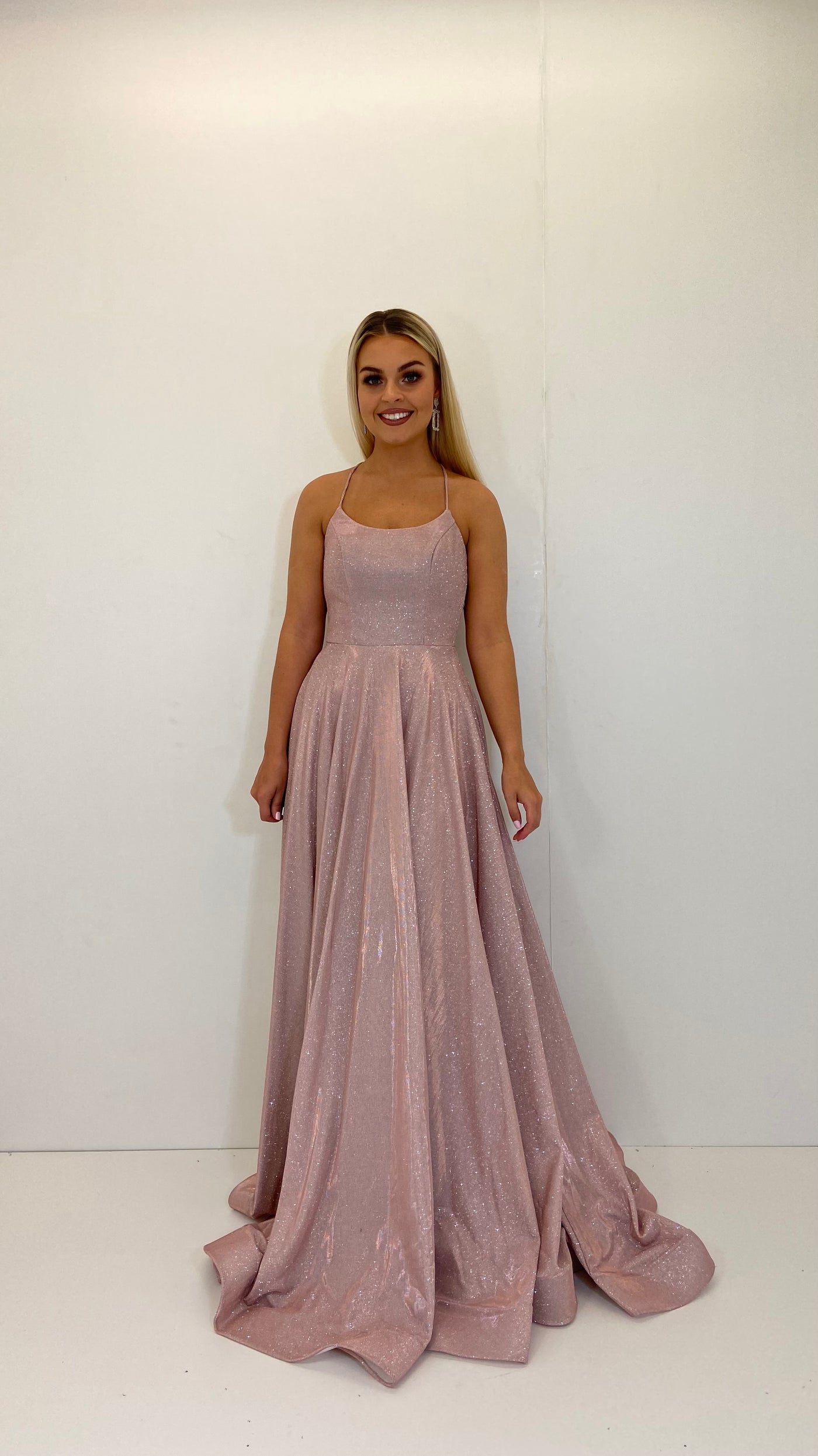Rose Gold Glitter Tie Back Ball Gown